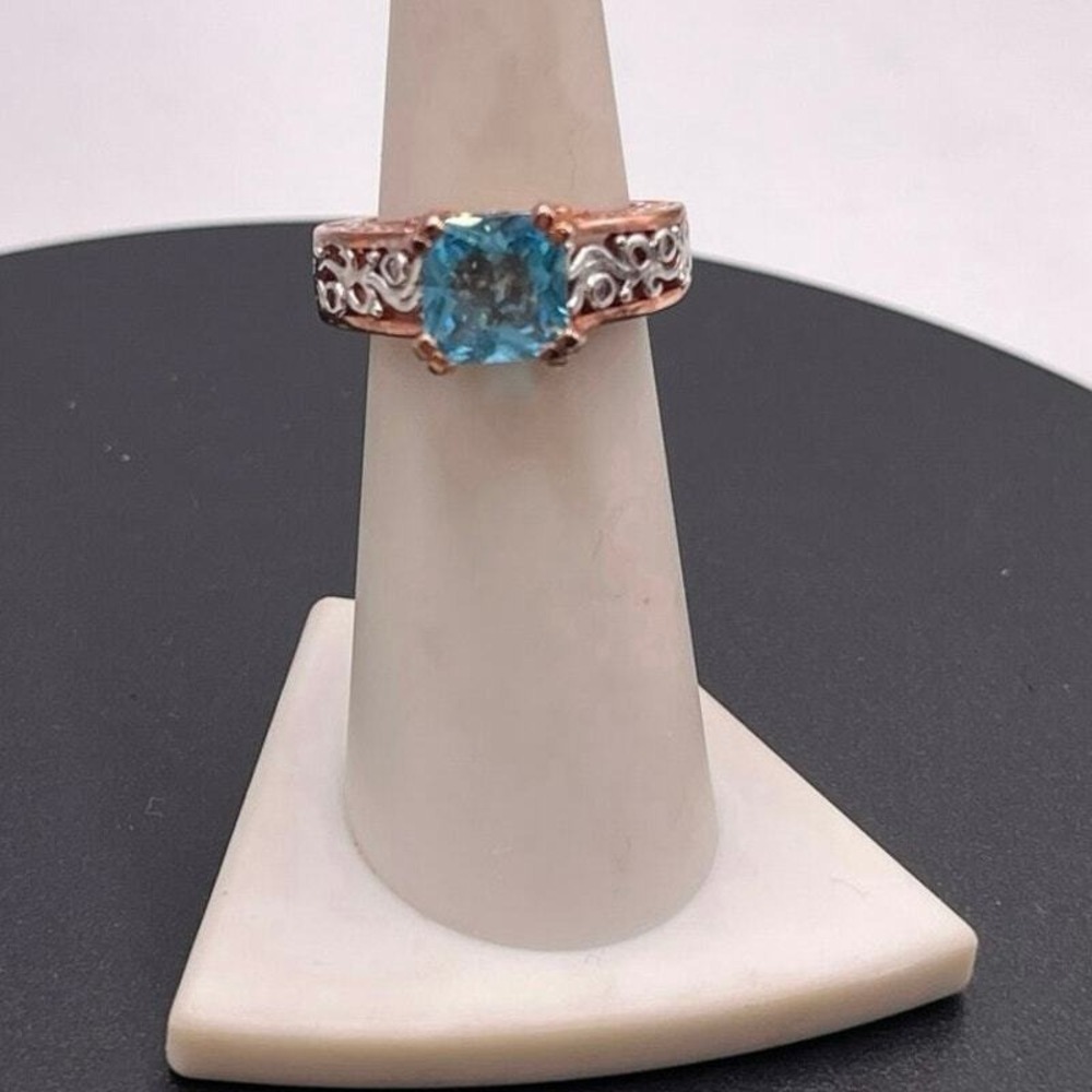 Sterling Silver Rose Gold Wedding Engagement Floral Blue CZ Ring Sz 5.5
